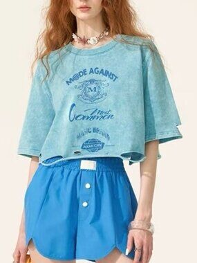Y2K Washed Blue Distressed Cropped T Shirt Size M